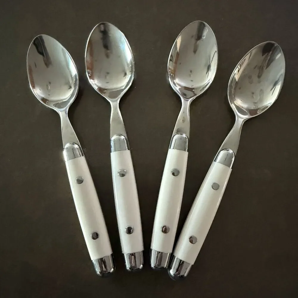 Four (4) teaspoons - Stainless Steel Plastic Ivory/White Similar to JUBILEE